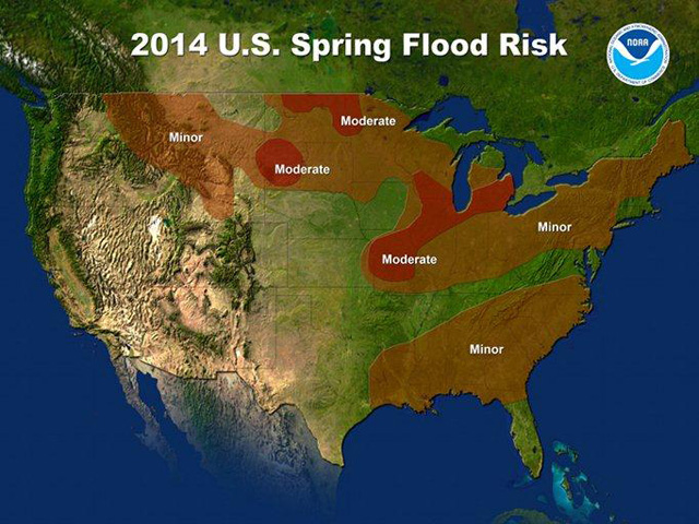NOAA&#039;s spring flood forecast for moderate flooding in many northern and central areas continues to indicate a slow start to field work. (Image courtesy NOAA)